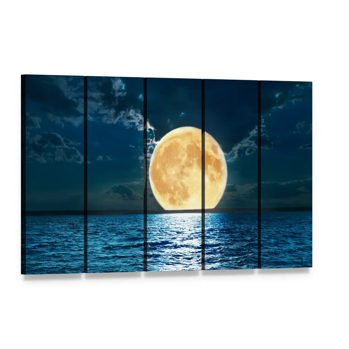 Supermoon Over Moonlit Sea Canvas Wall Art, 5 panel 5 Horizontal layout gallery wrapped canvas set, angled product view