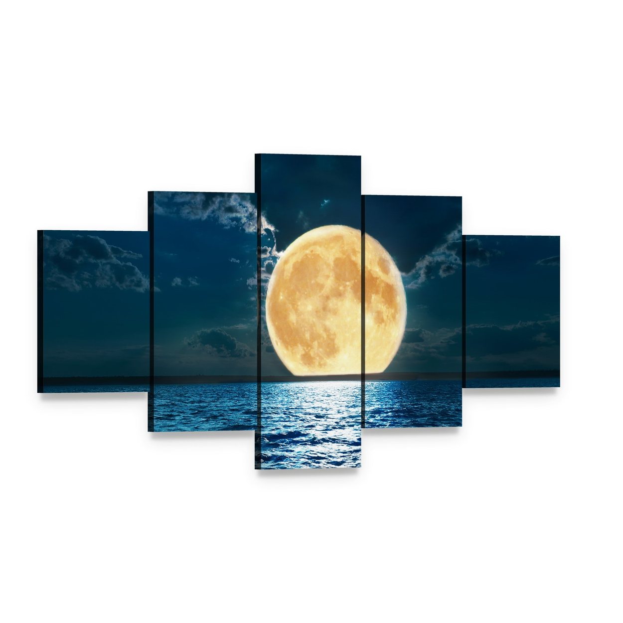 Super Moon Over Water Canvas Wall Art, 5 panel 5 Star layout gallery wrapped canvas set, angled product view