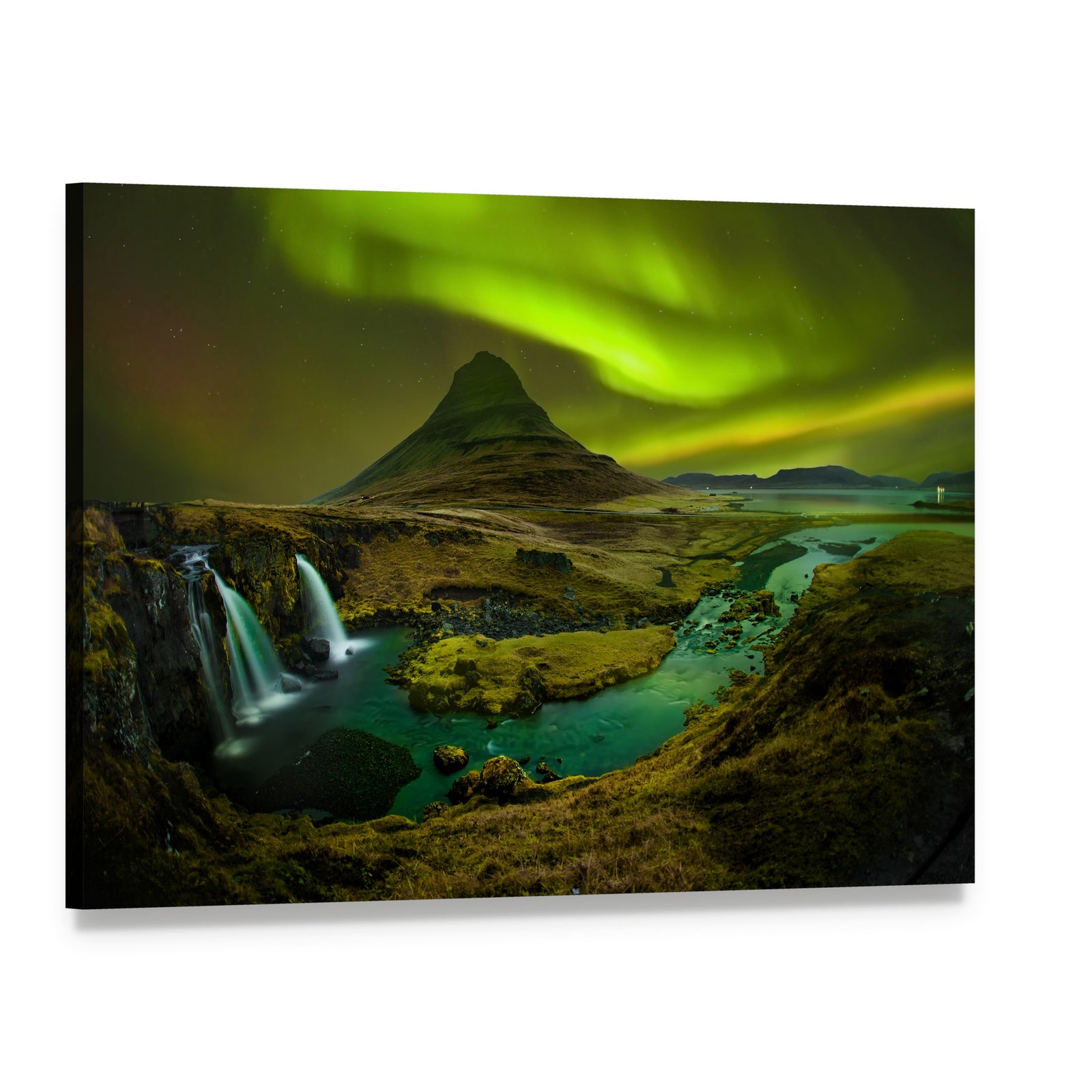 Aurora Over Kirkjufell Waterfall Canvas Wall Art, single panel gallery wrapped canvas, angled product view