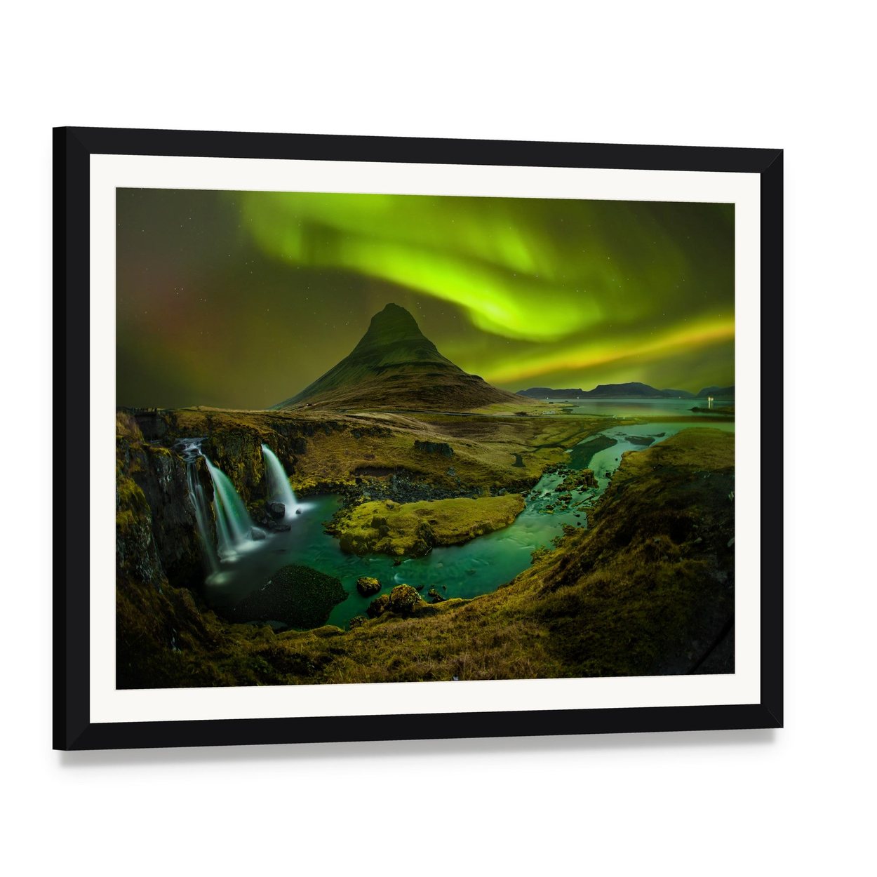 Aurora Over Kirkjufell Waterfall Canvas Wall Art, framed print with white mat and black frame, angled product view