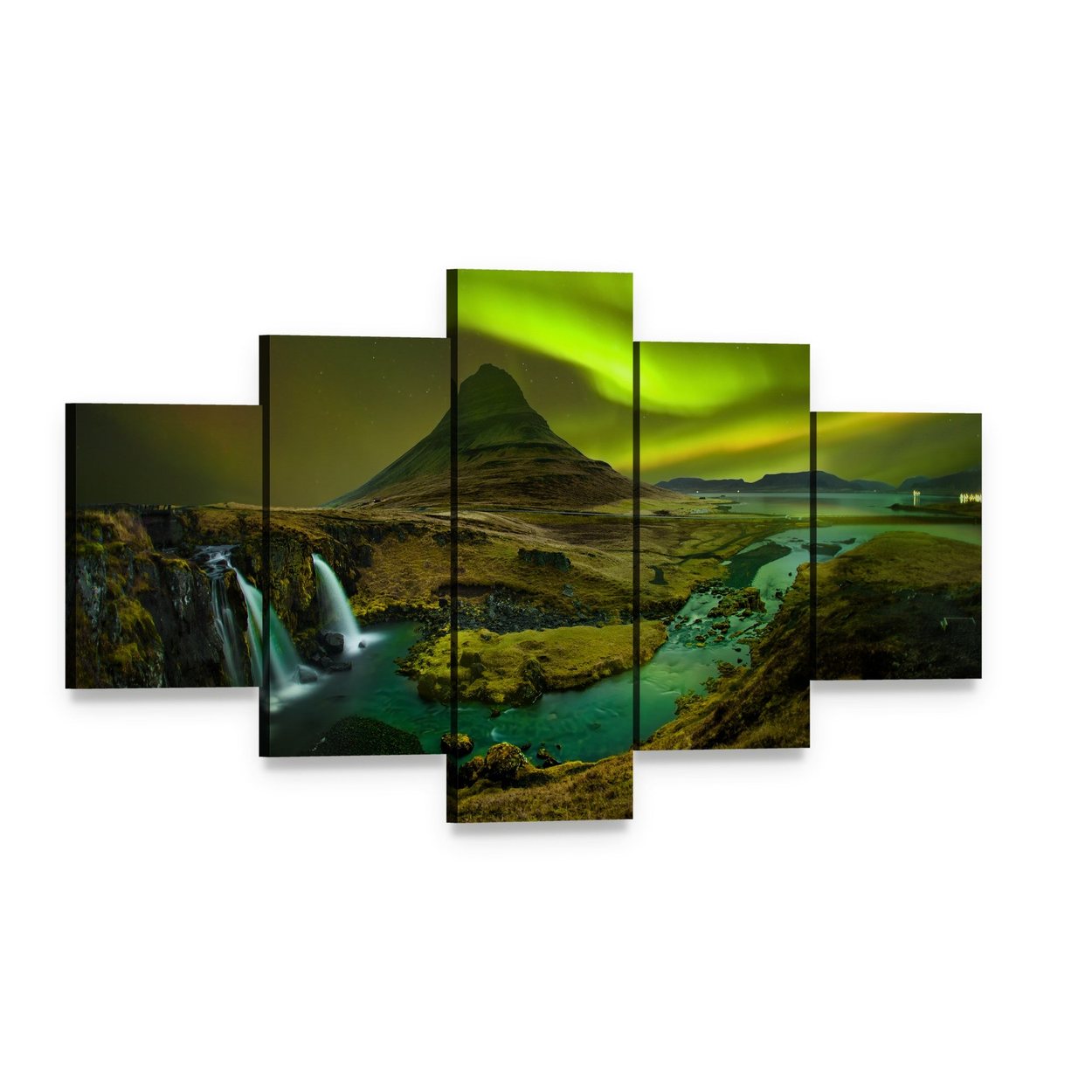 Aurora Over Kirkjufell Waterfall Canvas Wall Art, 5 panel 5 Star layout gallery wrapped canvas set, angled product view