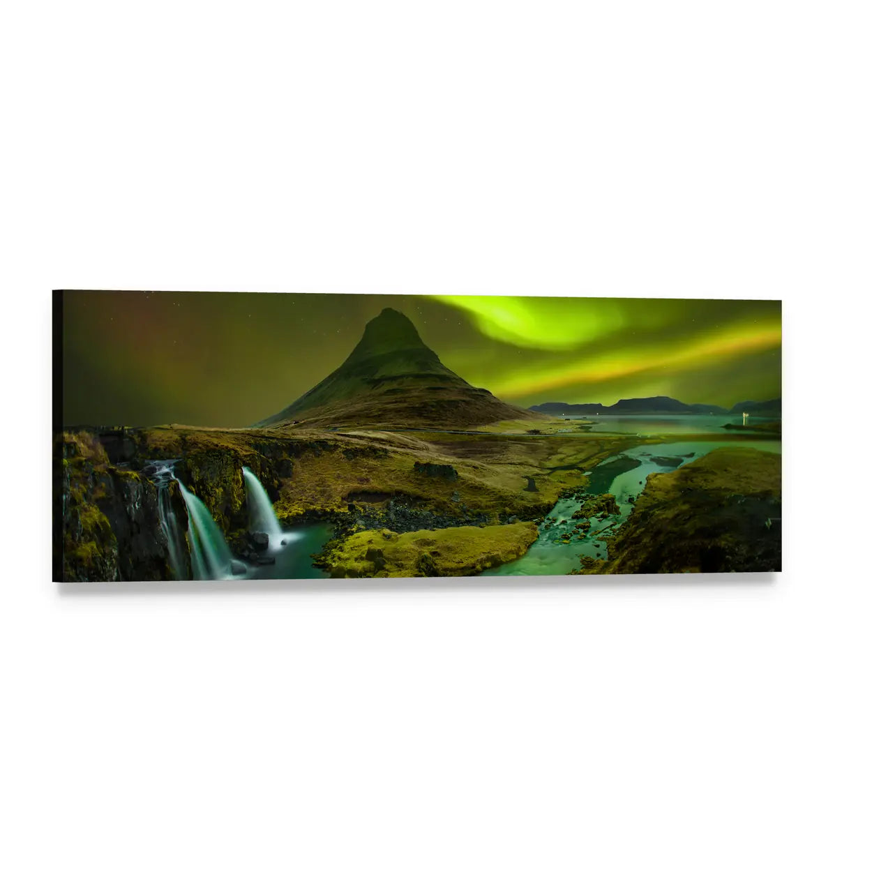 Northern Lights Above Cone-shaped Mountain and Waterfalls Panoramic Canvas Wall Art, single panel gallery wrapped canvas, angled product view