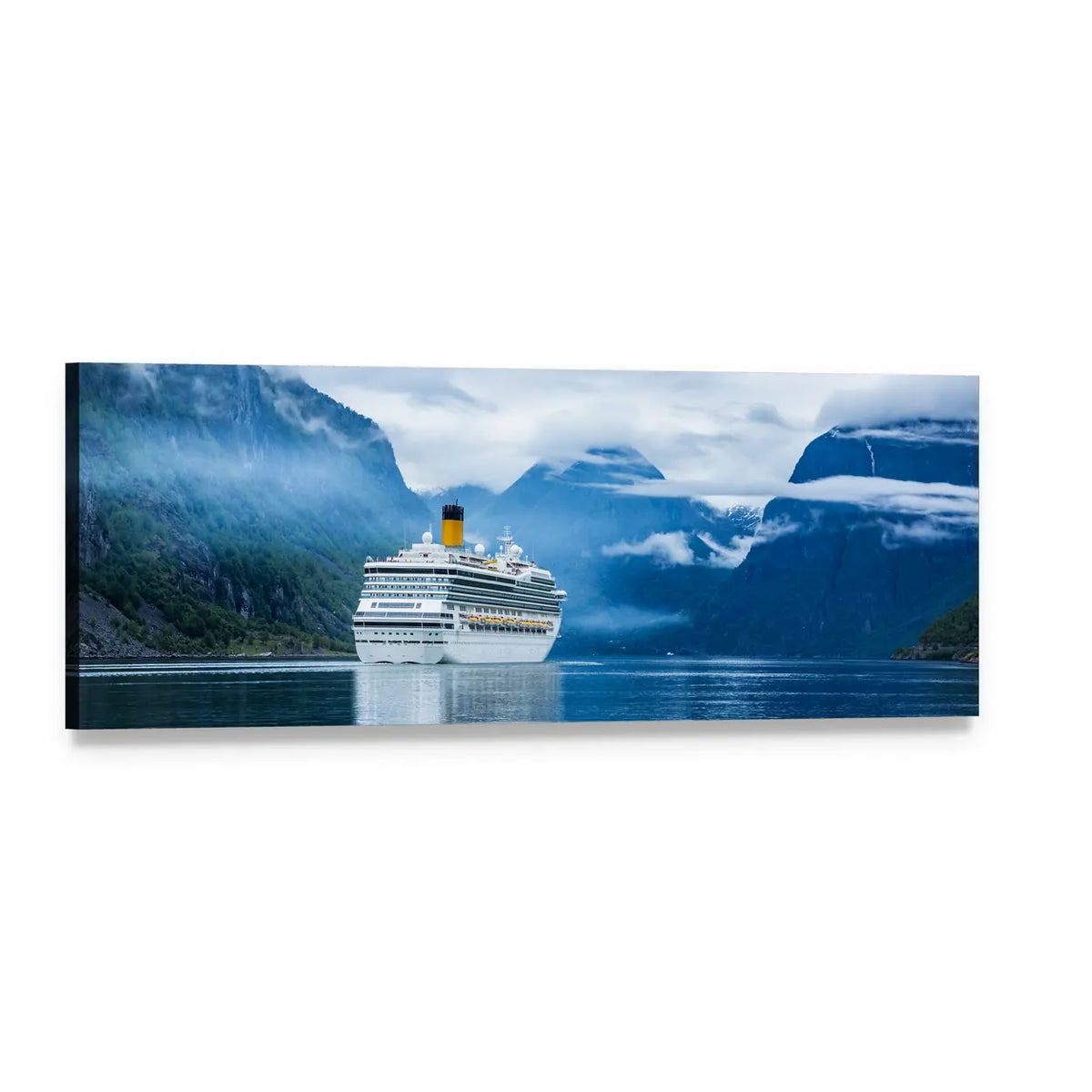 Norway Fjords Cruise Ship Panoramic Canvas Wall Art, single panel gallery wrapped canvas, angled product view