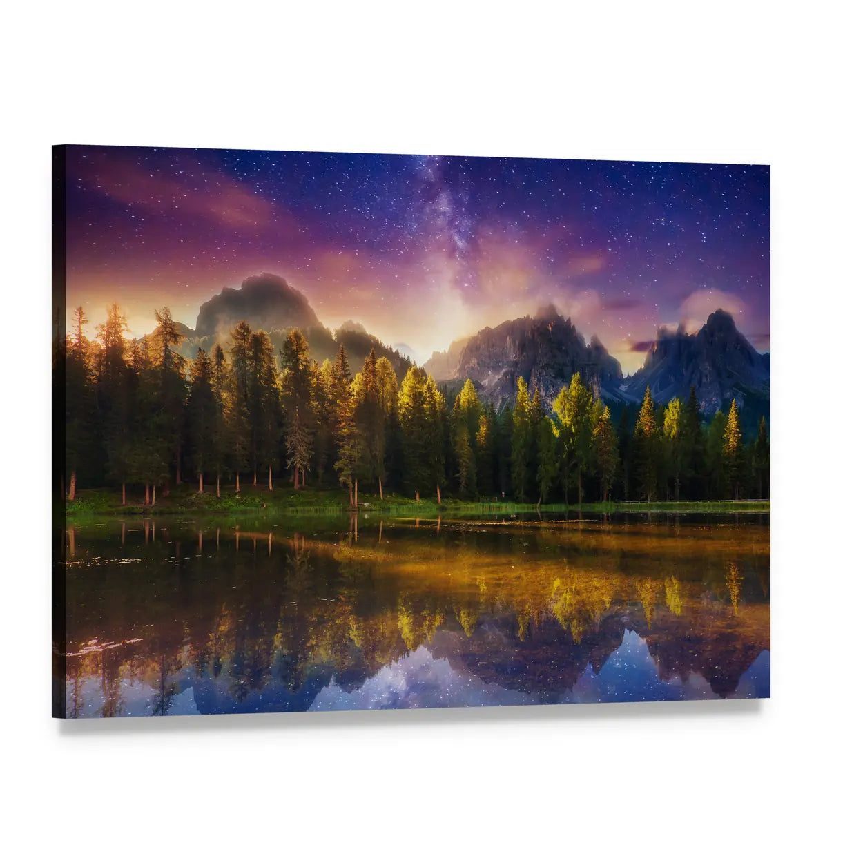 Milky Way Over Alpine Lake Canvas Wall Art, single panel gallery wrapped canvas, angled product view