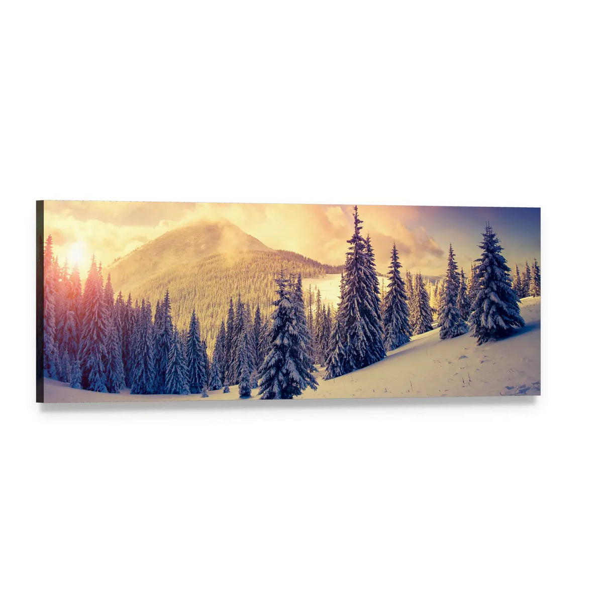Carpathian Winter Sunrise Landscape Panoramic Canvas Wall Art, single panel gallery wrapped canvas, angled product view