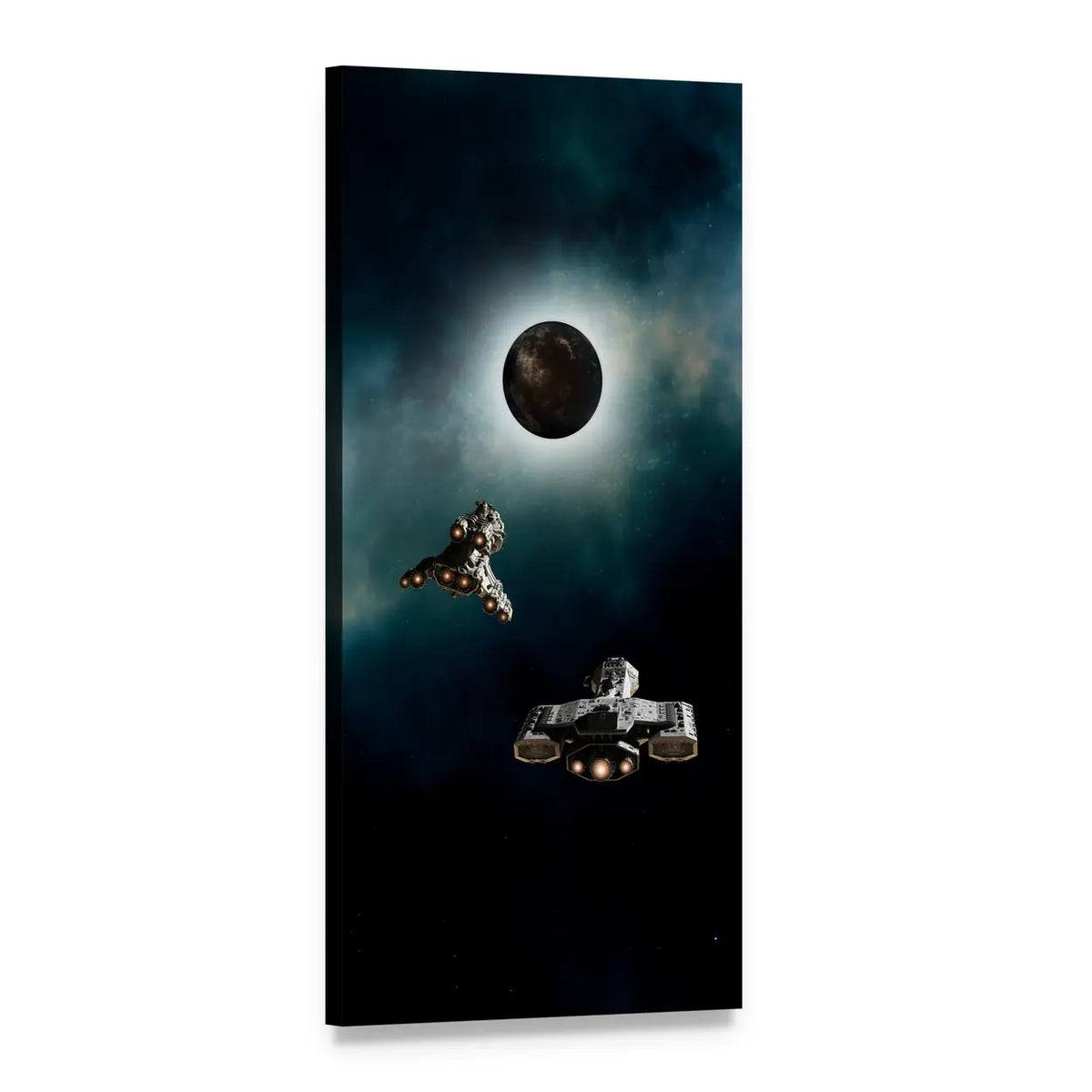 Spaceships Approaching Eclipsed Planet Vertical Canvas Wall Art, 1 panel 1 Vertical layout gallery wrapped canvas set, angled product view