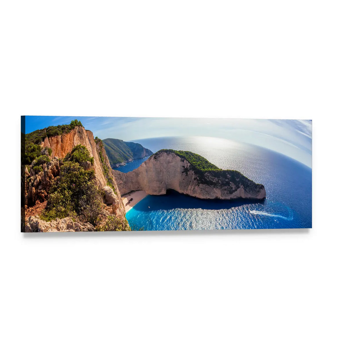 Navagio Beach Cove, Greece Panoramic Canvas Wall Art, single panel gallery wrapped canvas, angled product view