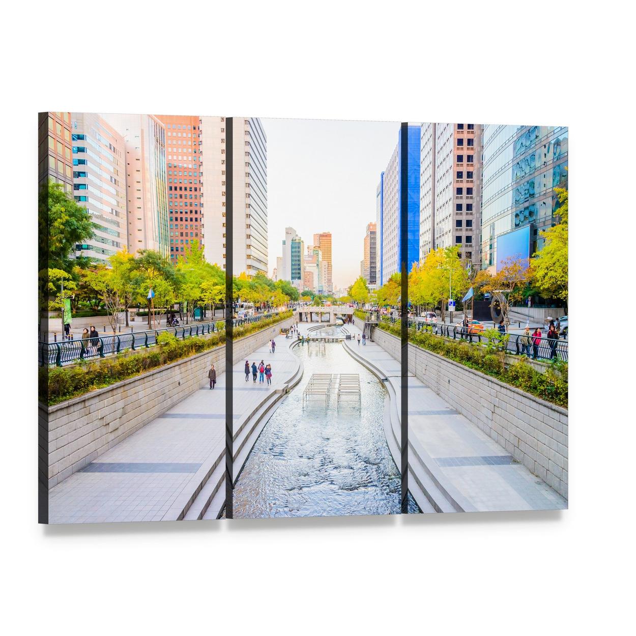 Cheonggyecheon Stream in Seoul Canvas Wall Art, 3 panel 3 Horizontal layout gallery wrapped canvas set, angled product view