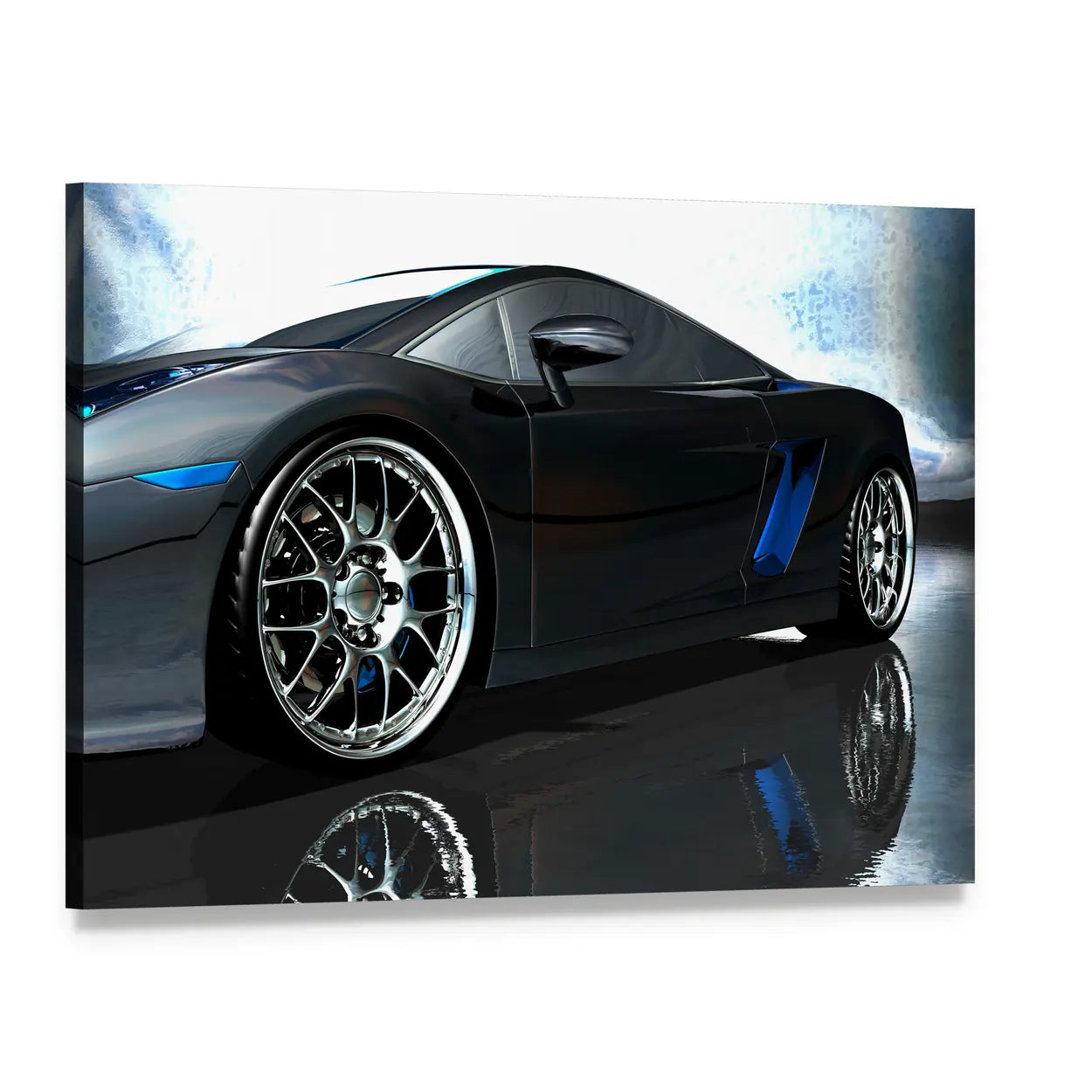 Sports Car Side Profile with Chrome Rims Canvas Wall Art, single panel gallery wrapped canvas, angled product view