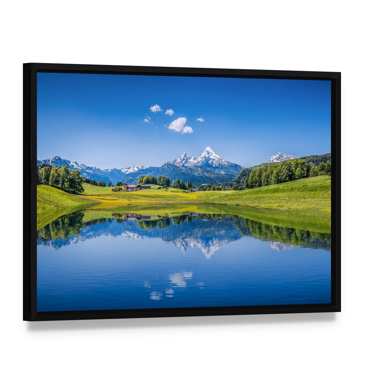 Idyllic Summer Landscape Canvas Wall Art, framed canvas in a black floater frame, angled product view