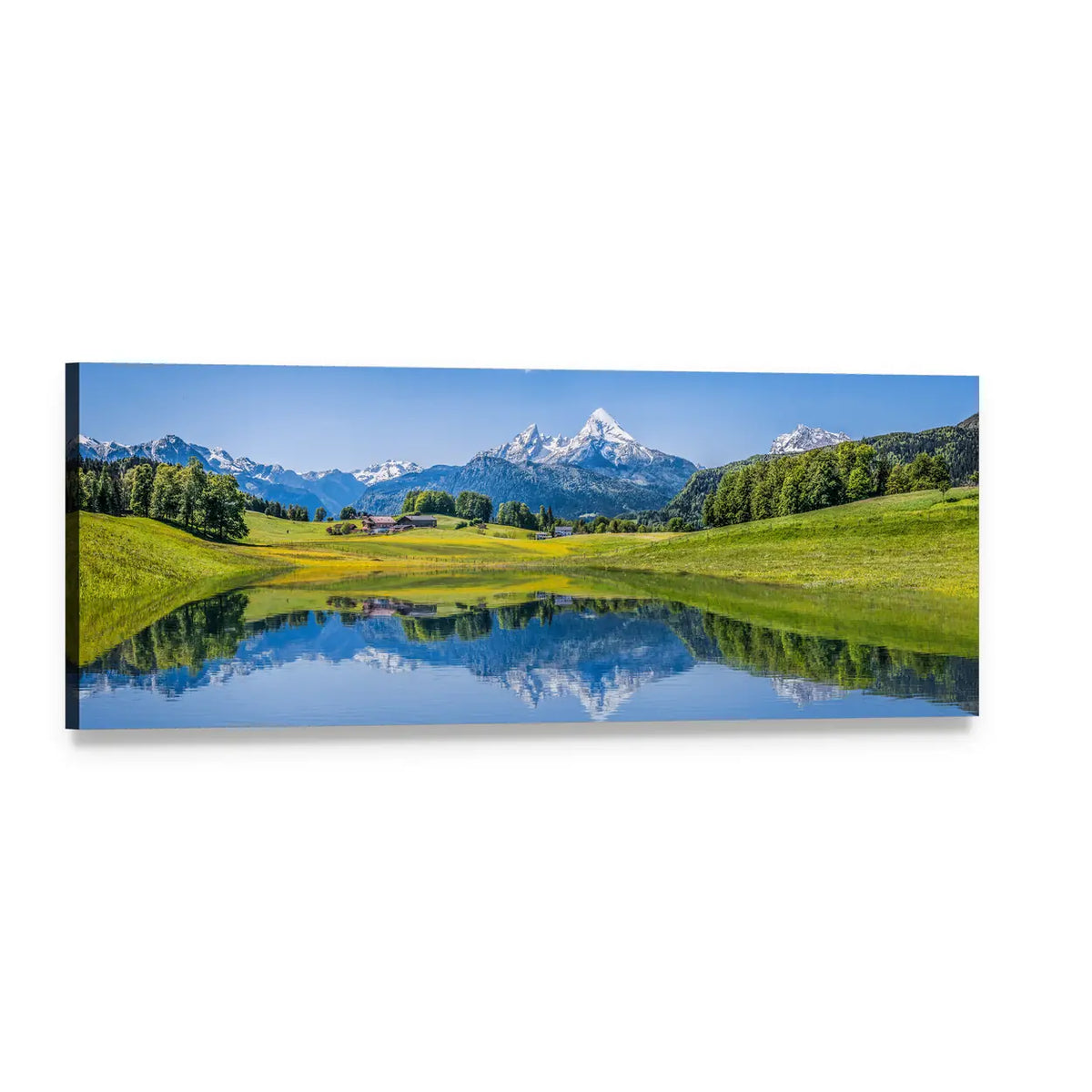 Idyllic Summer Mountain Lake Landscape Panoramic Canvas Wall Art, single panel gallery wrapped canvas, angled product view