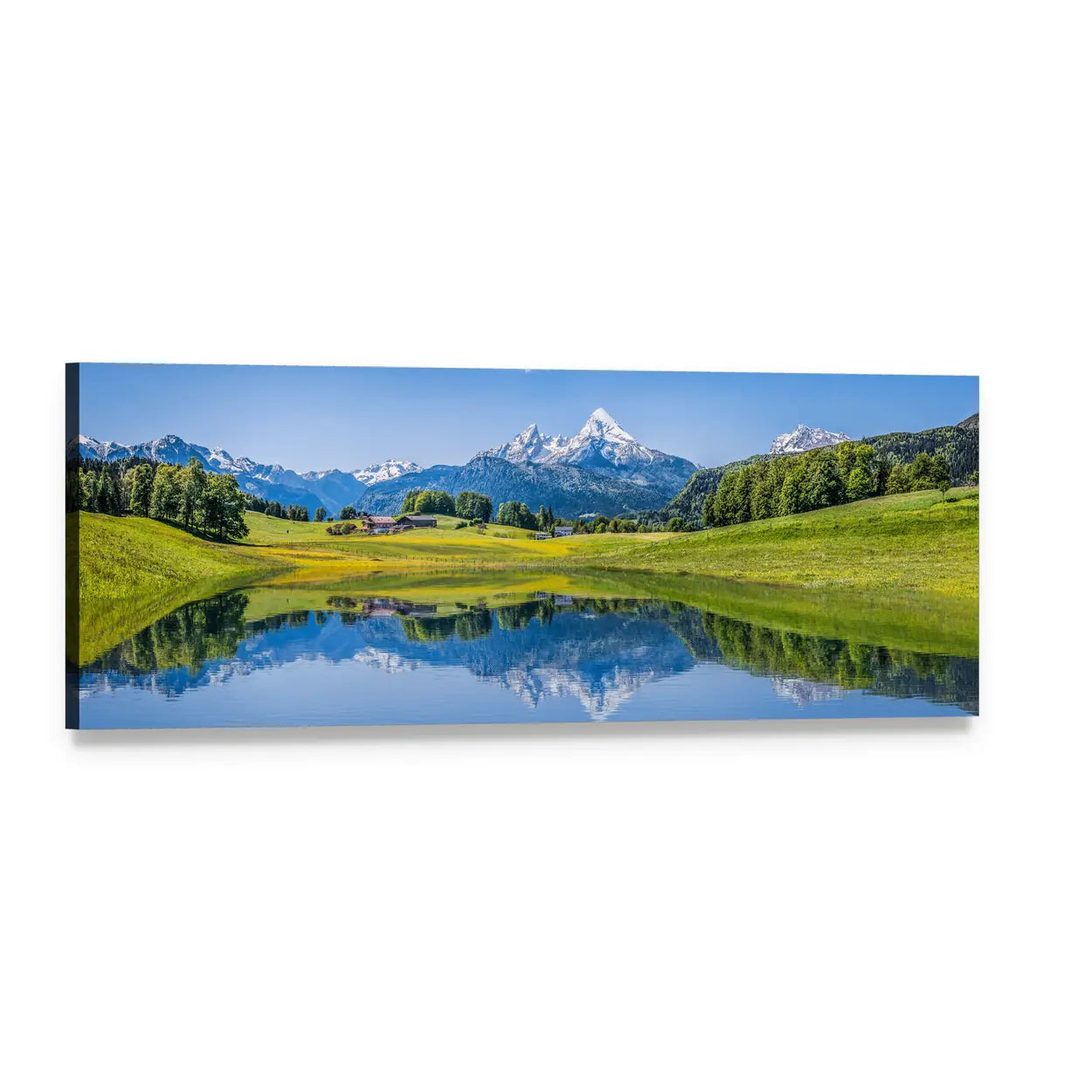Idyllic Summer Mountain Lake Landscape Panoramic Canvas Wall Art, single panel gallery wrapped canvas, angled product view