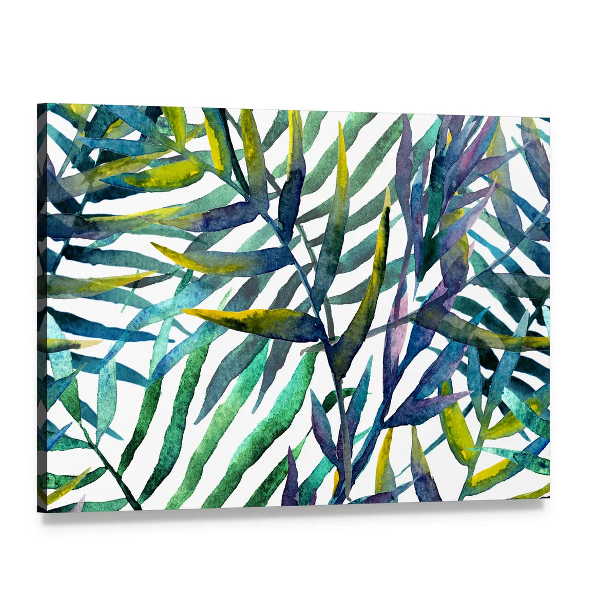 Abstract Tropical Leaves in Teal and Green Canvas Wall Art, single panel gallery wrapped canvas, angled product view