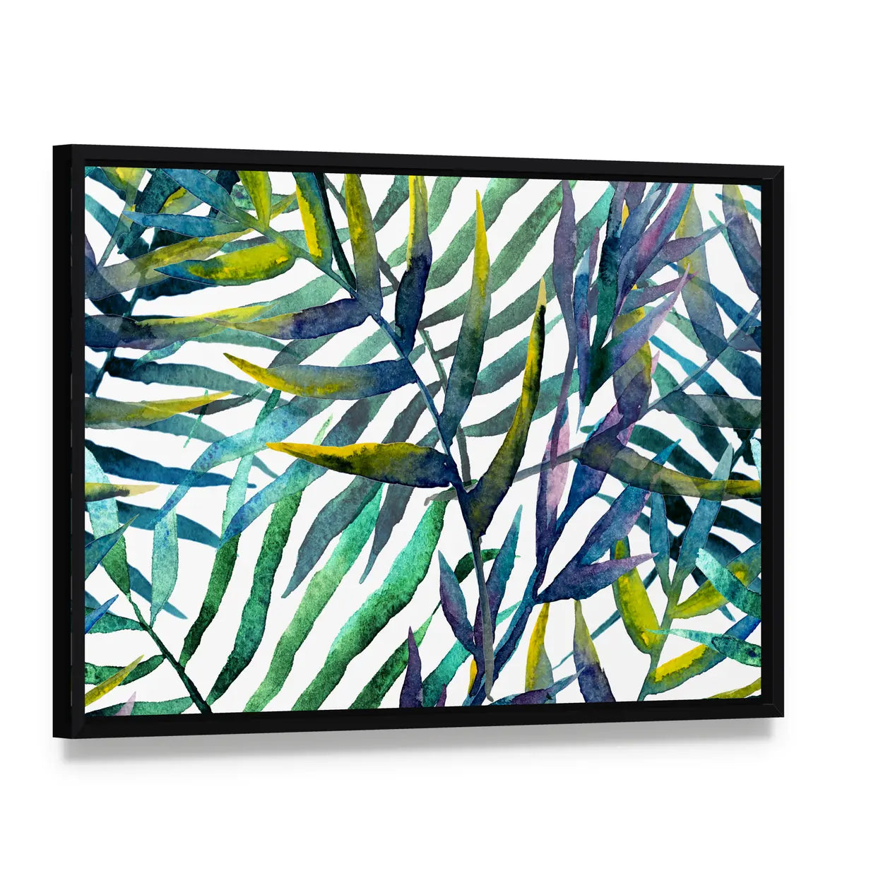 Abstract Tropical Leaves in Teal and Green Canvas Wall Art, framed canvas in a black floater frame, angled product view