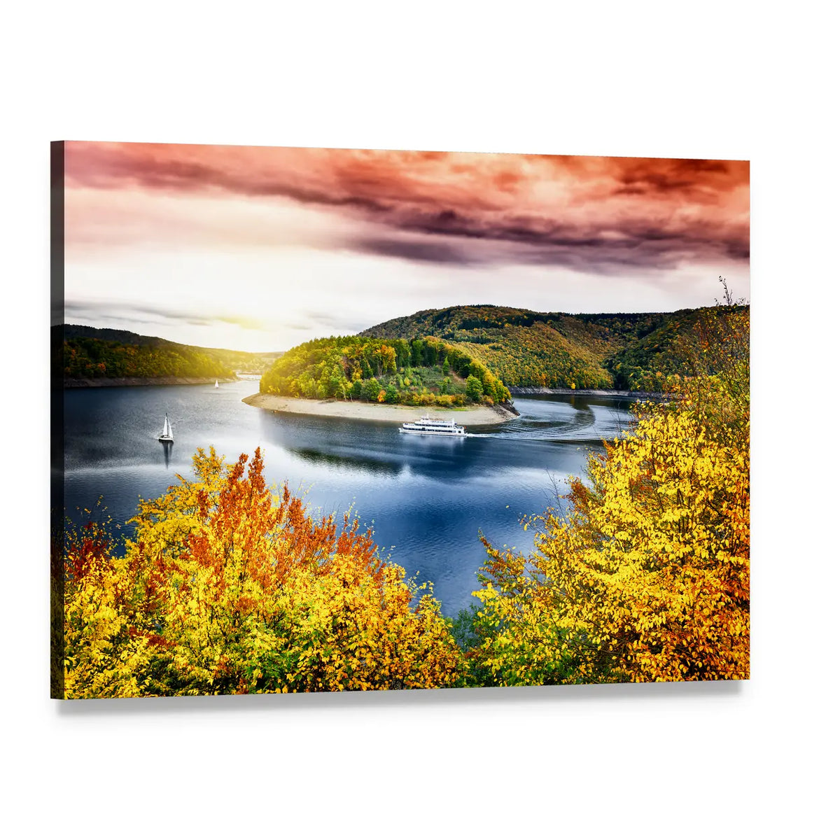 Autumn Lake with Boat at Sunset Canvas Wall Art, single panel gallery wrapped canvas, angled product view