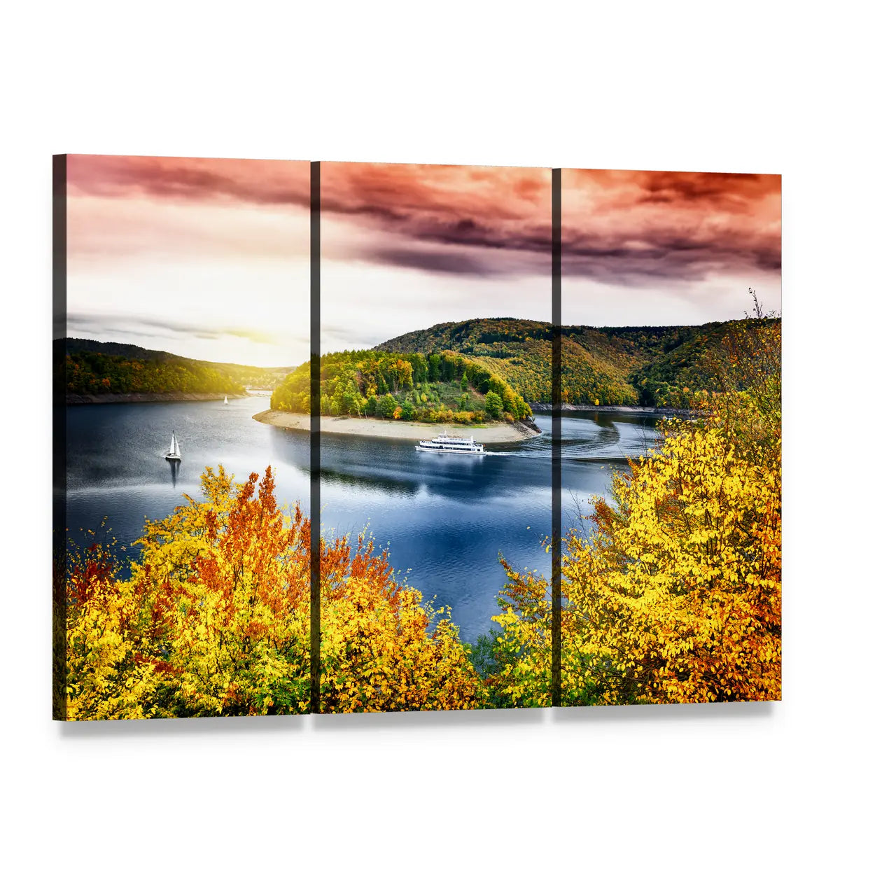 Autumn Lake with Boat at Sunset Canvas Wall Art, 3 panel 3 Horizontal layout gallery wrapped canvas set, angled product view