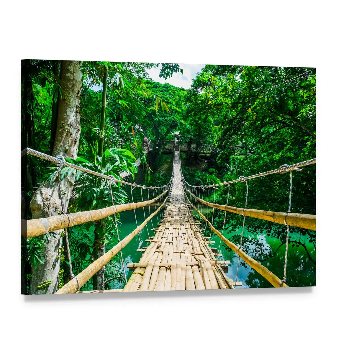 Hanging Bamboo Bridge in Tropical Jungle Canvas Wall Art, single panel gallery wrapped canvas, angled product view