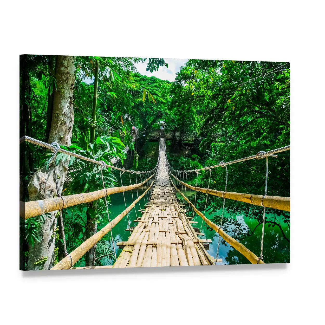 Hanging Bamboo Bridge in Tropical Jungle Canvas Wall Art, single panel gallery wrapped canvas, angled product view