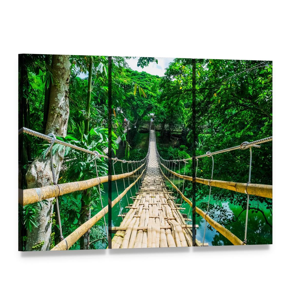 Bamboo Suspension Bridge Over Blue-green River Canvas Wall Art, 3 panel 3 Horizontal layout gallery wrapped canvas set, angled product view