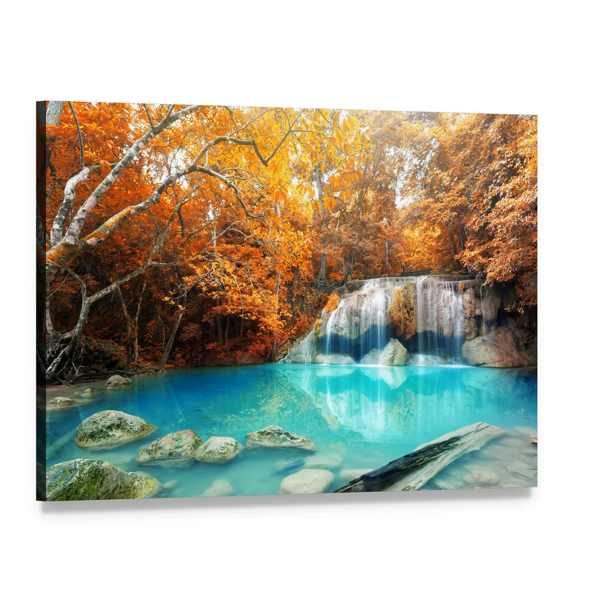 Autumn Waterfall with Turquoise Pond Canvas Wall Art, single panel gallery wrapped canvas, angled product view