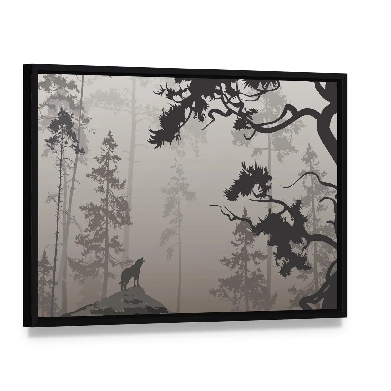 Wolf In The Forest Canvas Wall Art, framed canvas in a black floater frame, angled product view