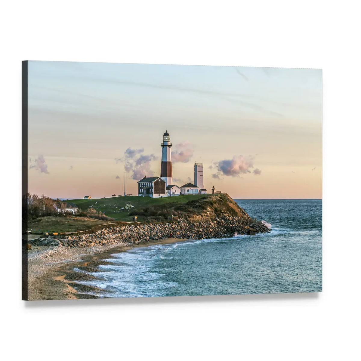Montauk Lighthouse at Sunset Canvas Wall Art, single panel gallery wrapped canvas, angled product view