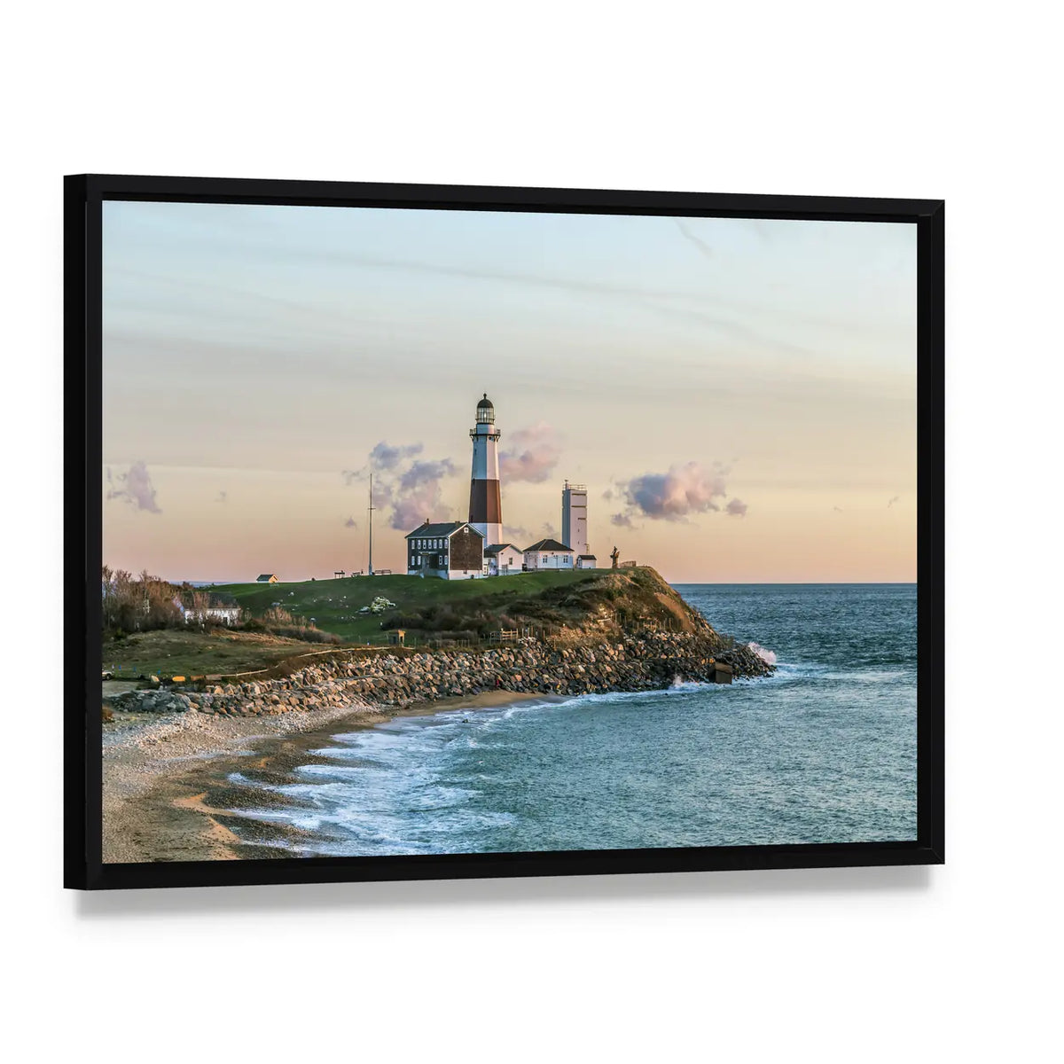 Montauk Point Lighthouse at Sunset Canvas Wall Art, framed canvas in a black floater frame, angled product view