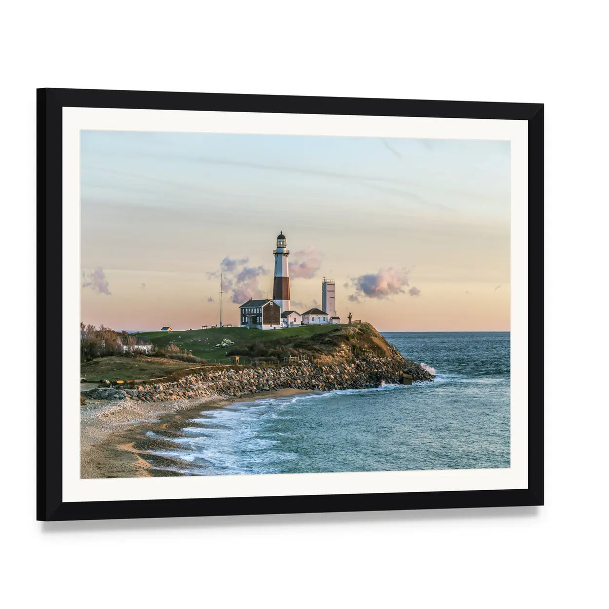 Montauk Point Lighthouse at Sunset Canvas Wall Art, framed print with white mat and black frame, angled product view