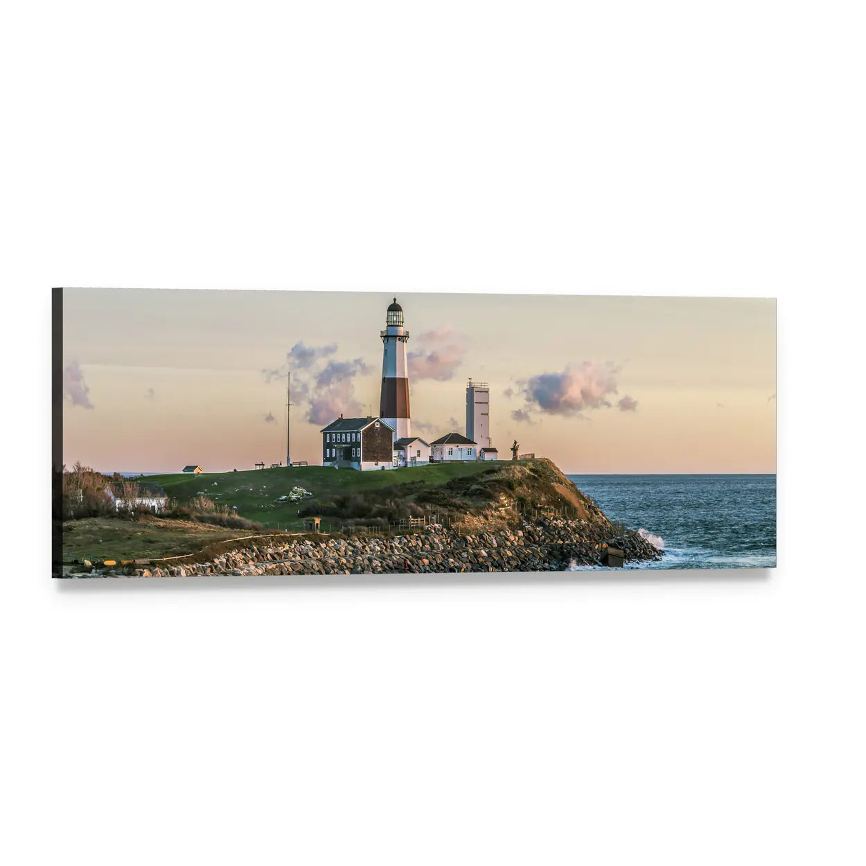Montauk Lighthouse at Dusk Panoramic Canvas Wall Art, single panel gallery wrapped canvas, angled product view