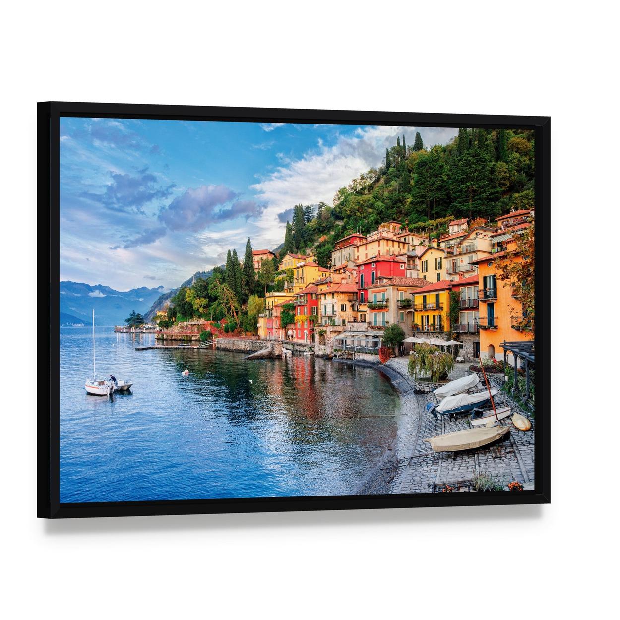 Menaggio on Lake Como Canvas Wall Art, framed canvas in a black floater frame, angled product view