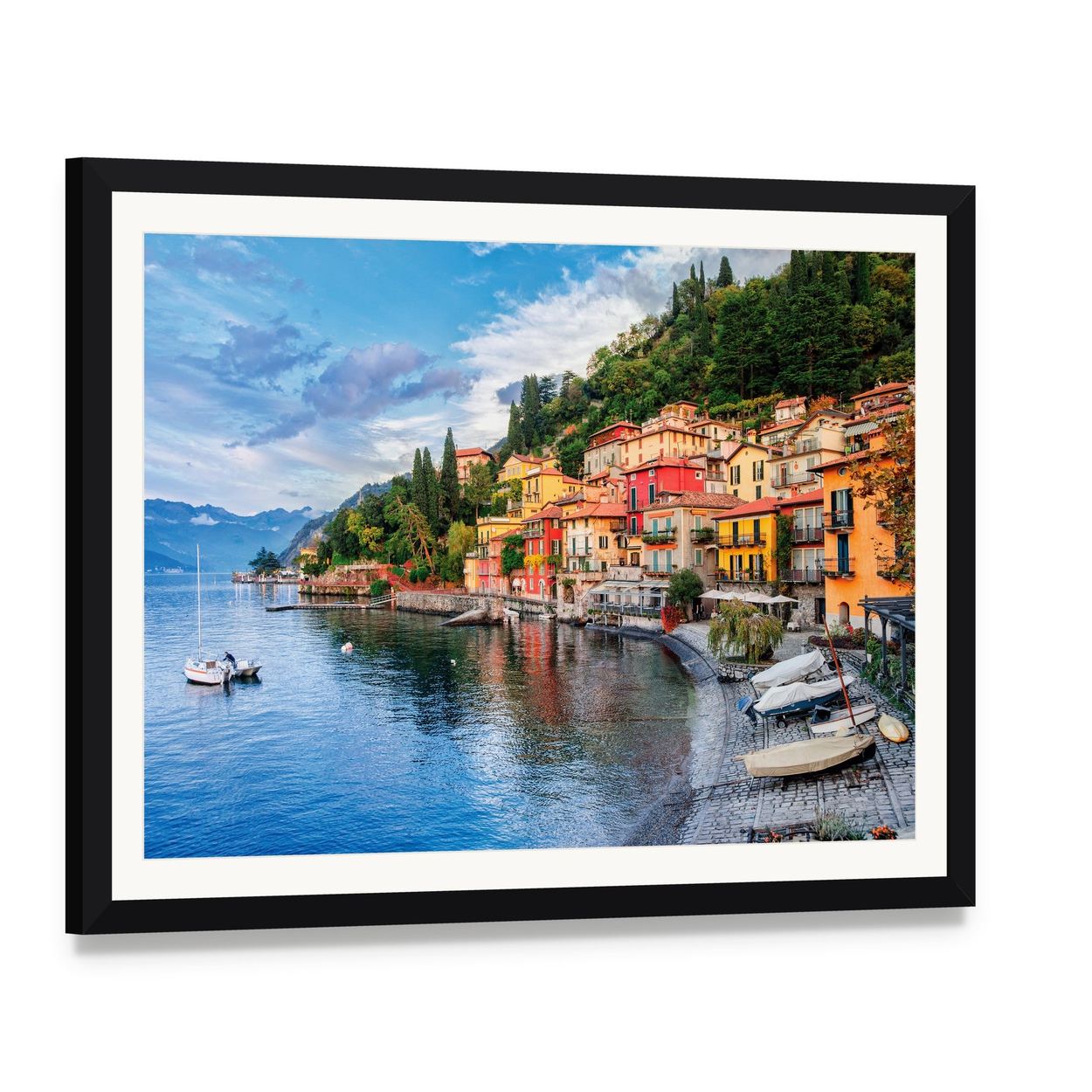 Menaggio on Lake Como Canvas Wall Art, framed print with white mat and black frame, angled product view