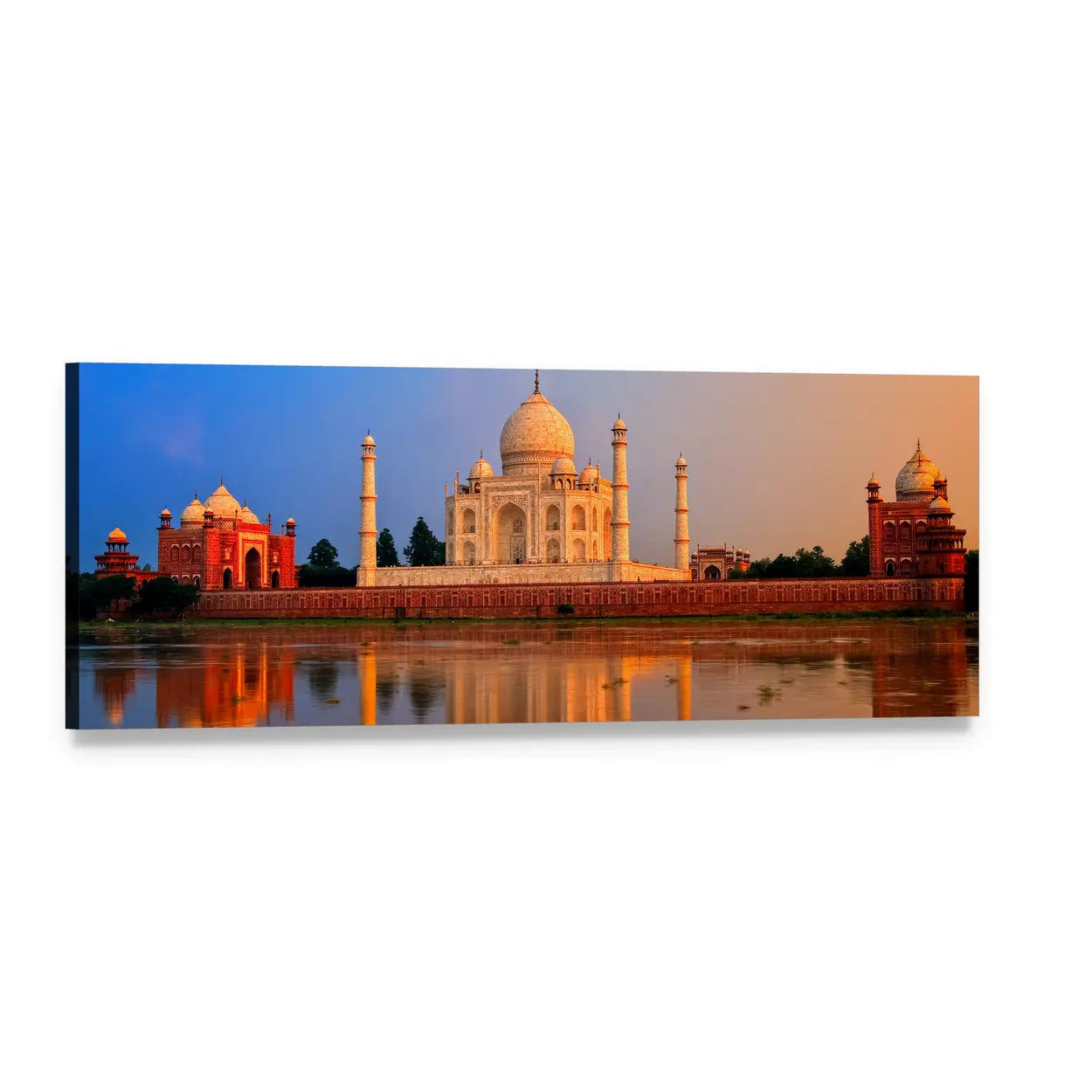 Taj Mahal Reflection on Yamuna River Panoramic Canvas Wall Art, single panel gallery wrapped canvas, angled product view