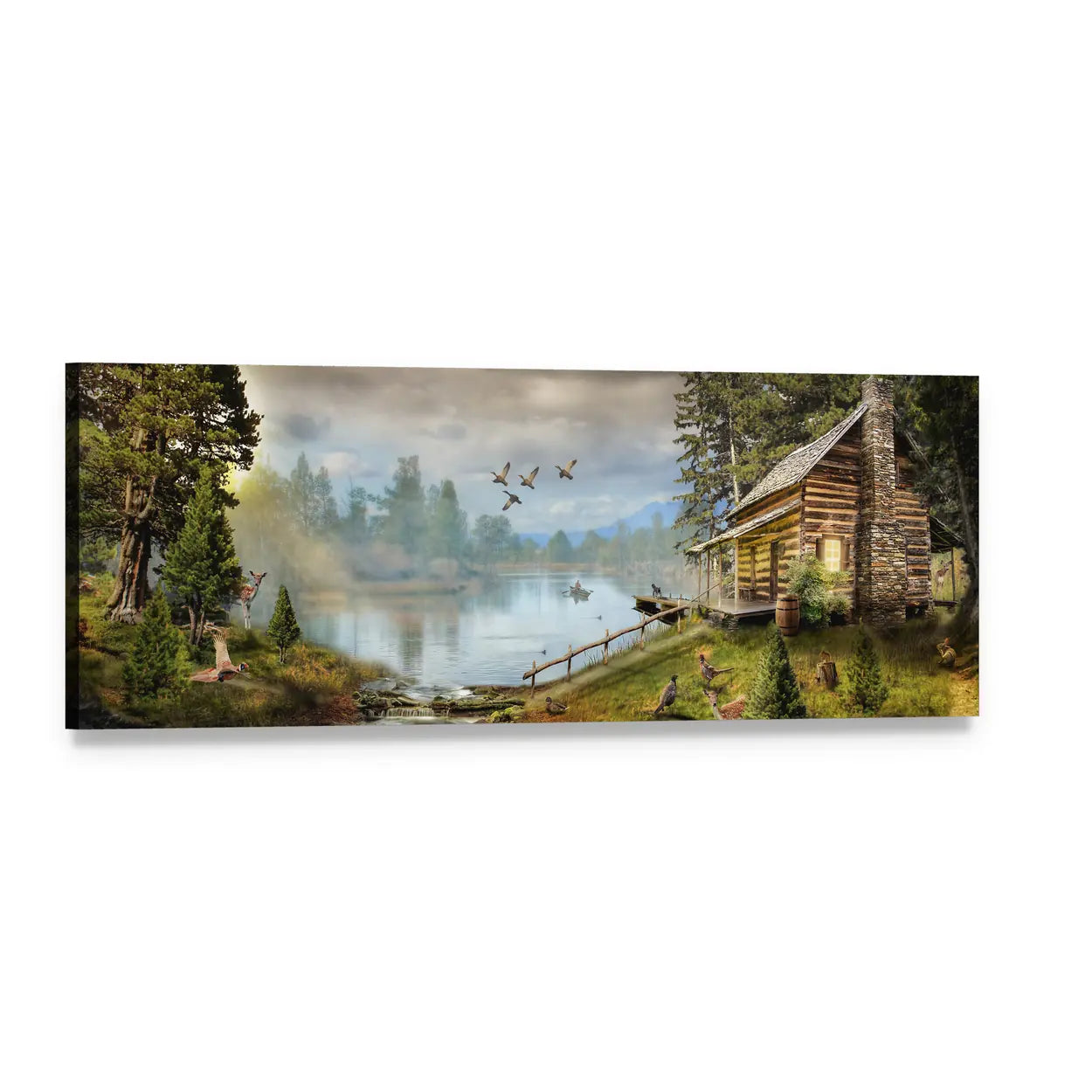 Log Cabin Beside a Stream Panoramic Canvas Wall Art, single panel gallery wrapped canvas, angled product view