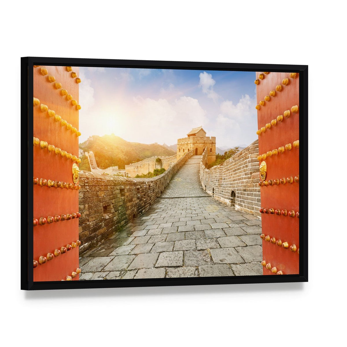 Great Wall of China in the Sunset Canvas Wall Art, framed canvas in a black floater frame, angled product view