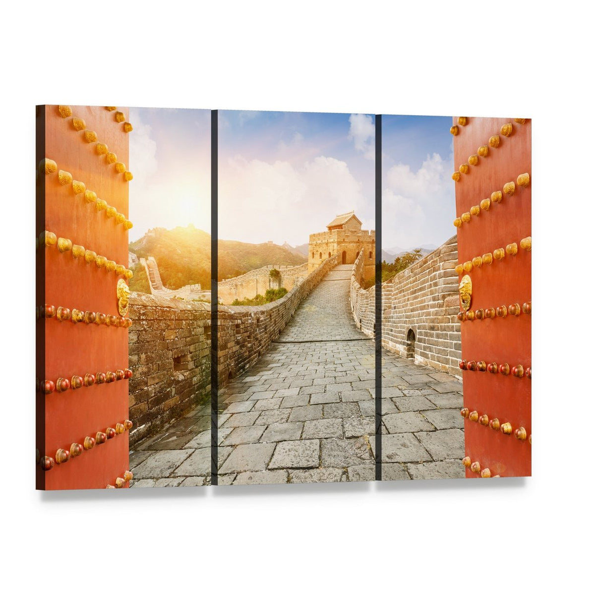 Great Wall of China in the Sunset Canvas Wall Art, 3 panel 3 Horizontal layout gallery wrapped canvas set, angled product view