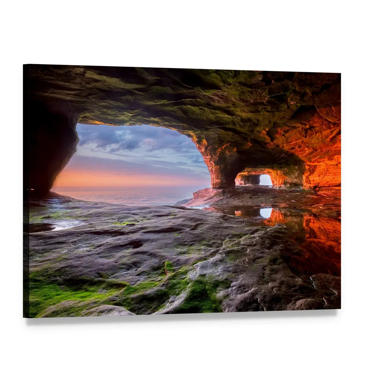 Sunset View from Sea Cave Canvas Wall Art, single panel gallery wrapped canvas, angled product view