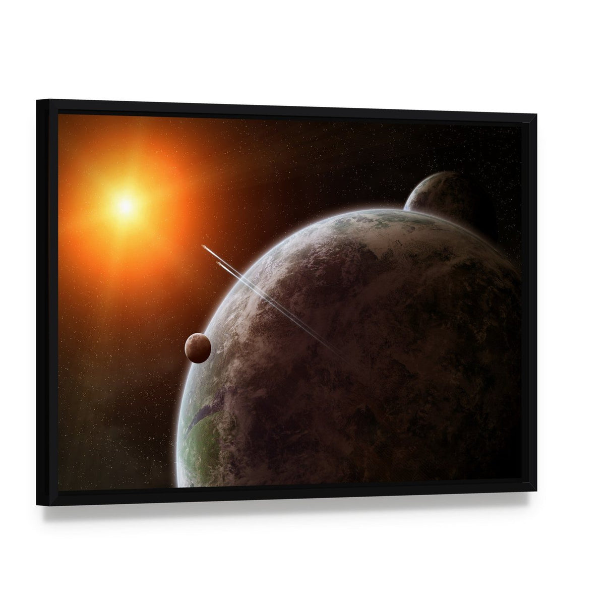 Planet with Moon Orbiting Star Canvas Wall Art, framed canvas in a black floater frame, angled product view