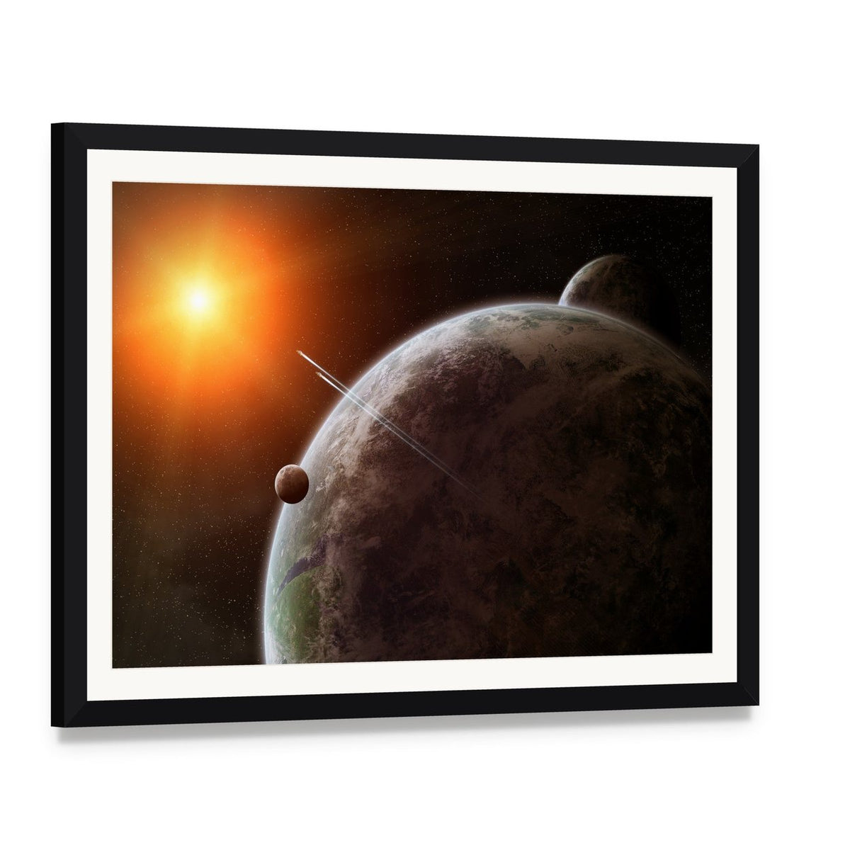 Planet with Moon Orbiting Star Canvas Wall Art, framed print with white mat and black frame, angled product view