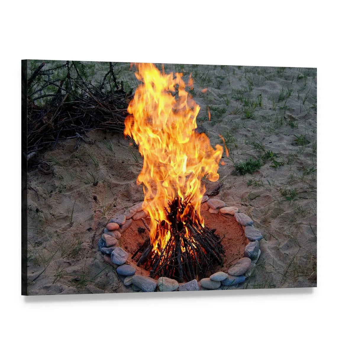 Night Campfire with Stone Ring Canvas Wall Art, single panel gallery wrapped canvas, angled product view