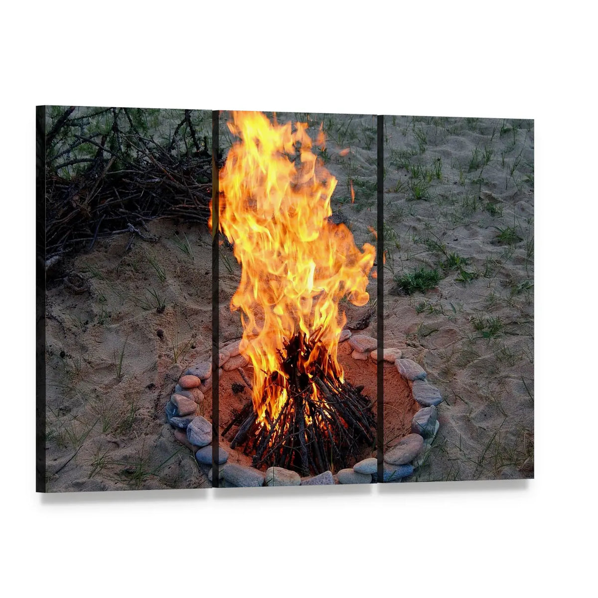 Night Campfire with Stone Ring Canvas Wall Art, 3 panel 3 Horizontal layout gallery wrapped canvas set, angled product view