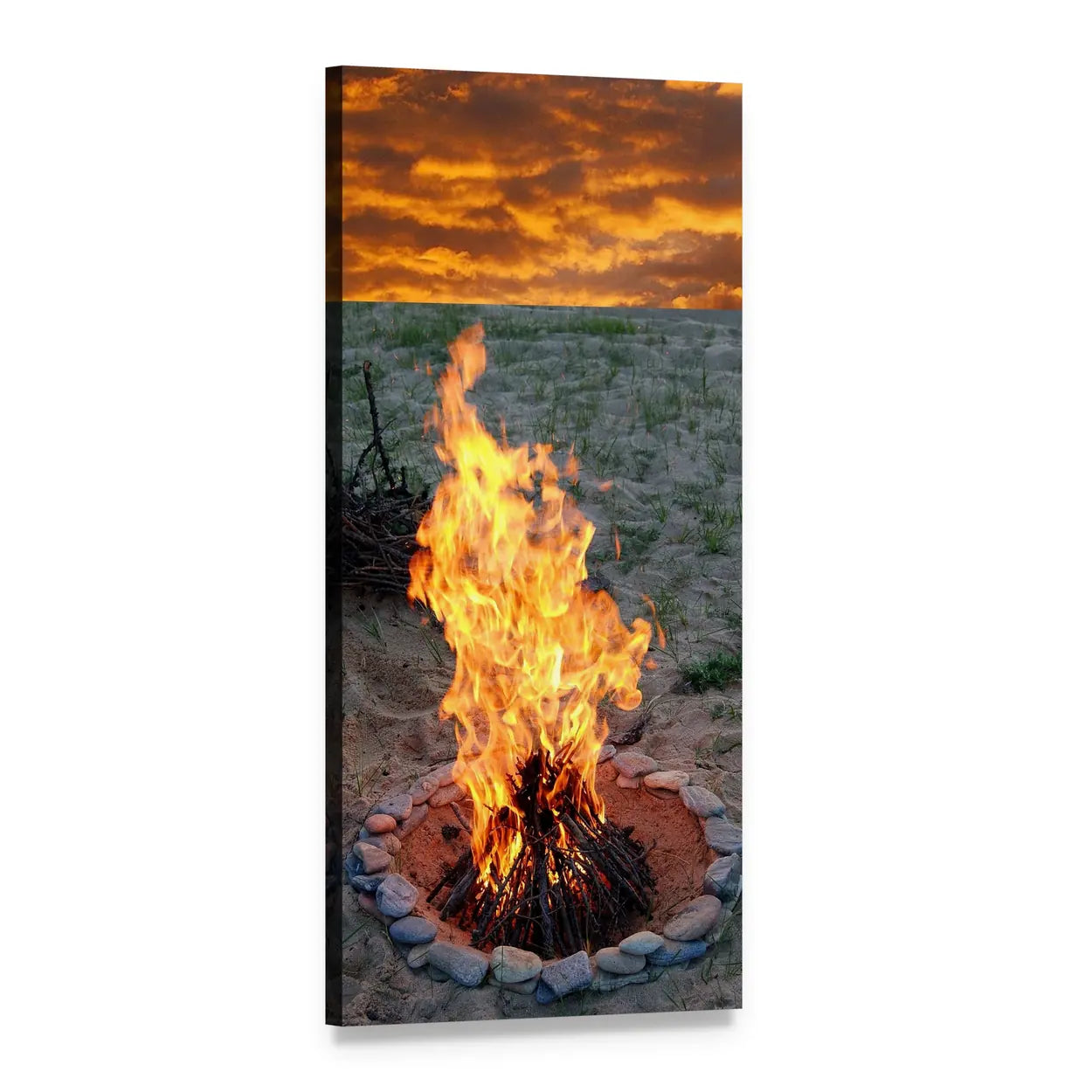 Scenic Campfire at Sunset Vertical Canvas Wall Art, 1 panel 1 Vertical layout gallery wrapped canvas set, angled product view