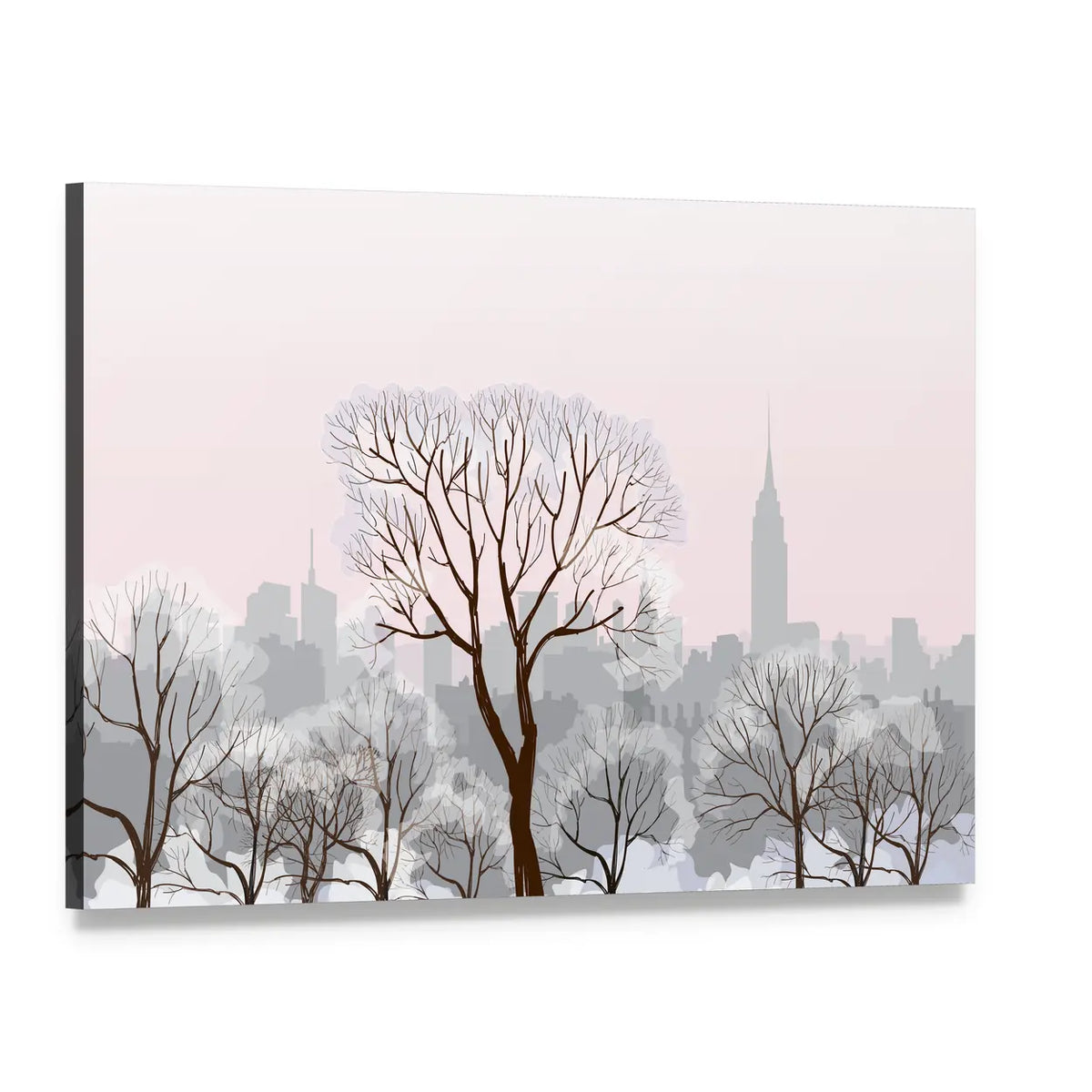 Snow Alley with Empire State Silhouette Canvas Wall Art, single panel gallery wrapped canvas, angled product view