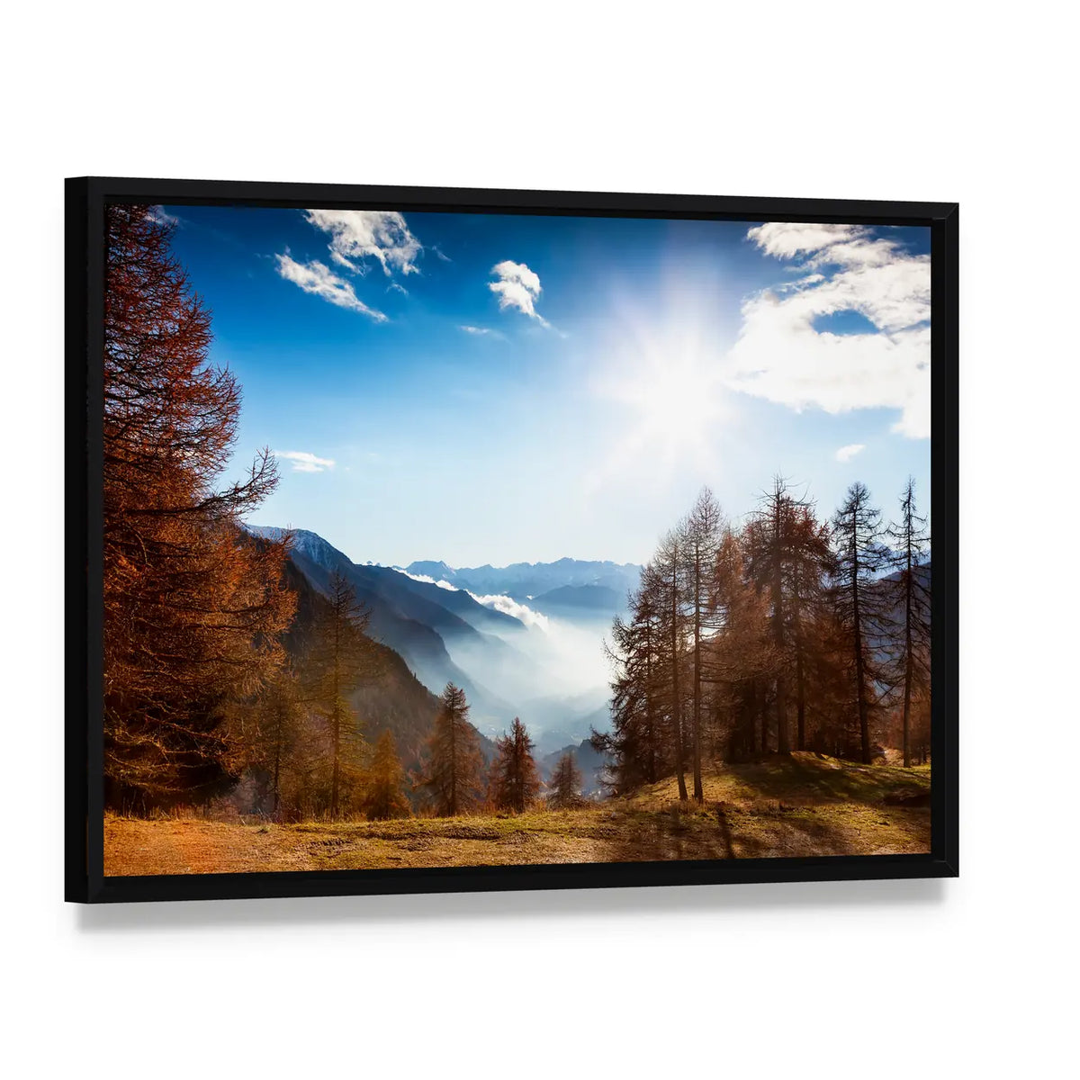 Italian Alps in Autumn Canvas Wall Art, framed canvas in a black floater frame, angled product view