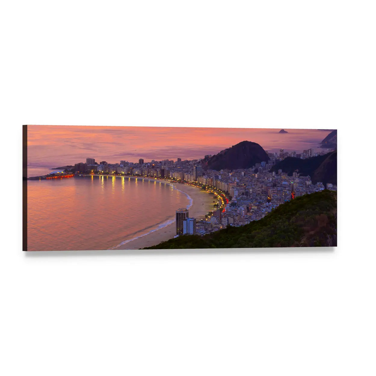 Sunset Over Curved Coastline Panoramic Canvas Wall Art, single panel gallery wrapped canvas, angled product view