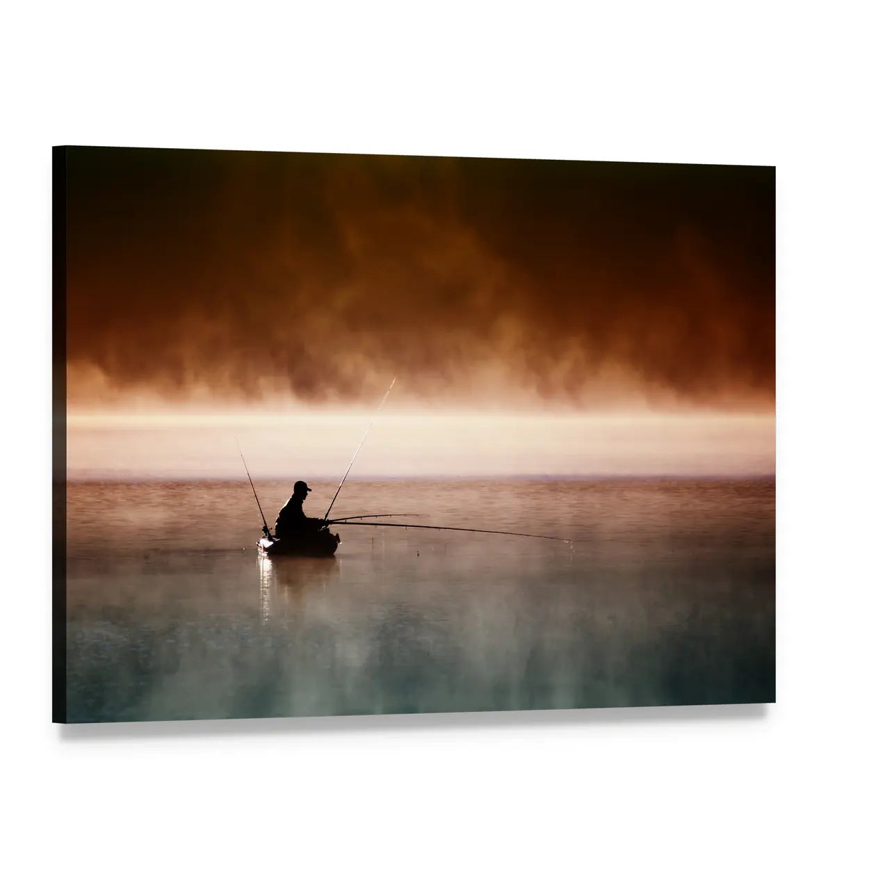Fisherman Silhouette on Misty Lake Canvas Wall Art, single panel gallery wrapped canvas, angled product view
