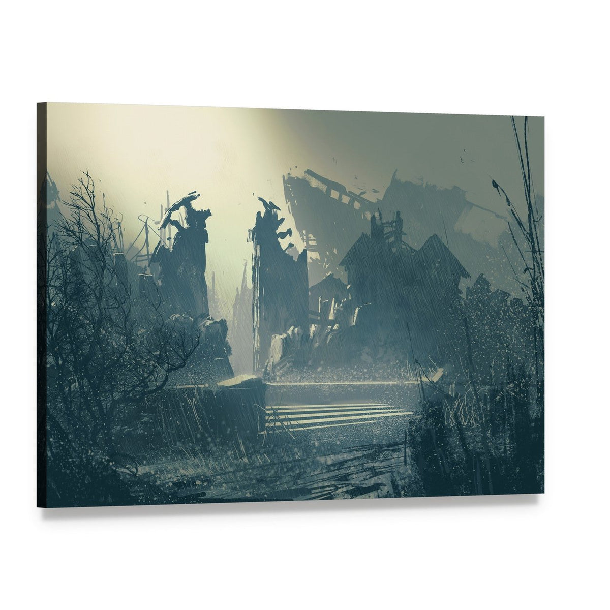 Rain in Abandoned City Canvas Wall Art, single panel gallery wrapped canvas, angled product view