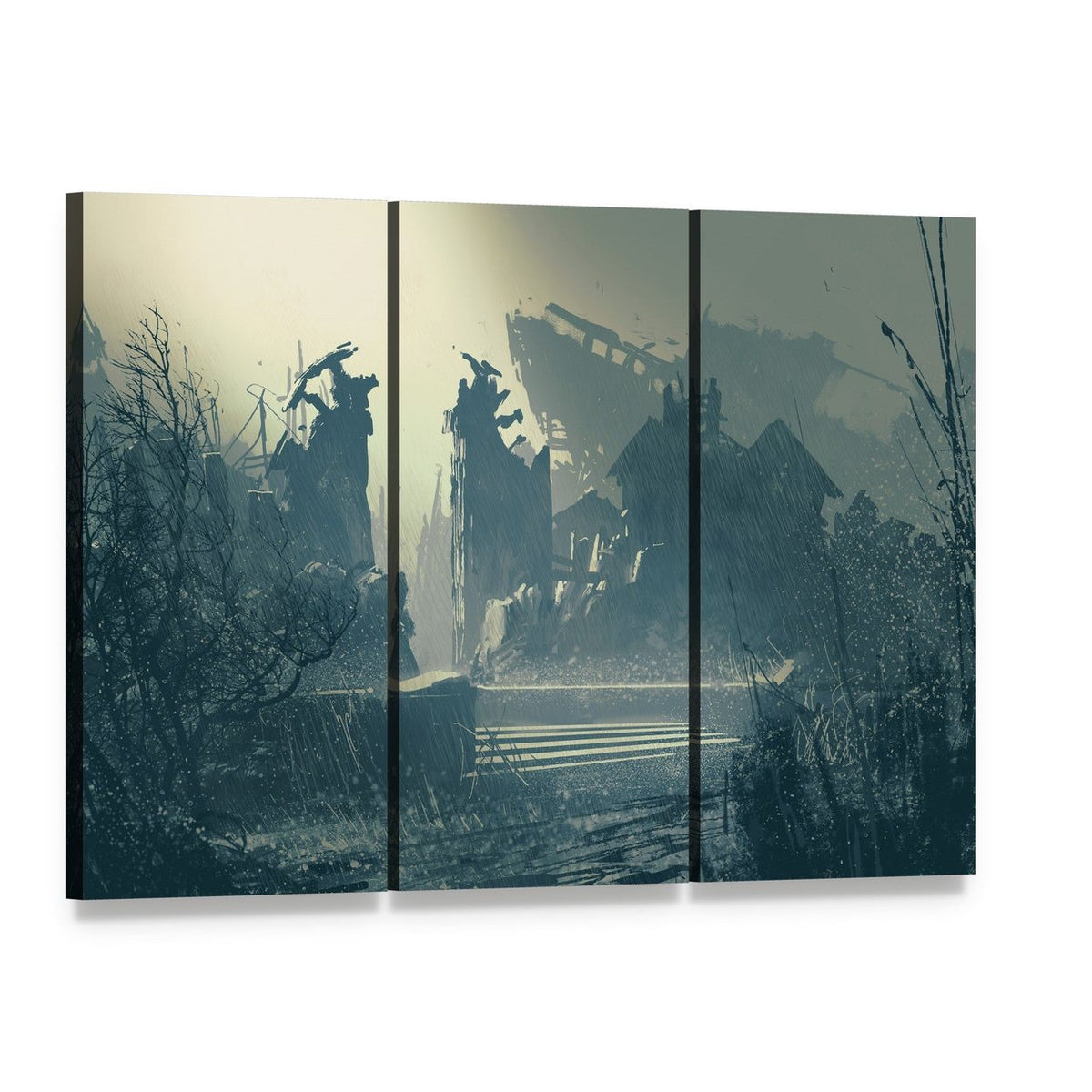 Rain in Abandoned City Canvas Wall Art, 3 panel 3 Horizontal layout gallery wrapped canvas set, angled product view