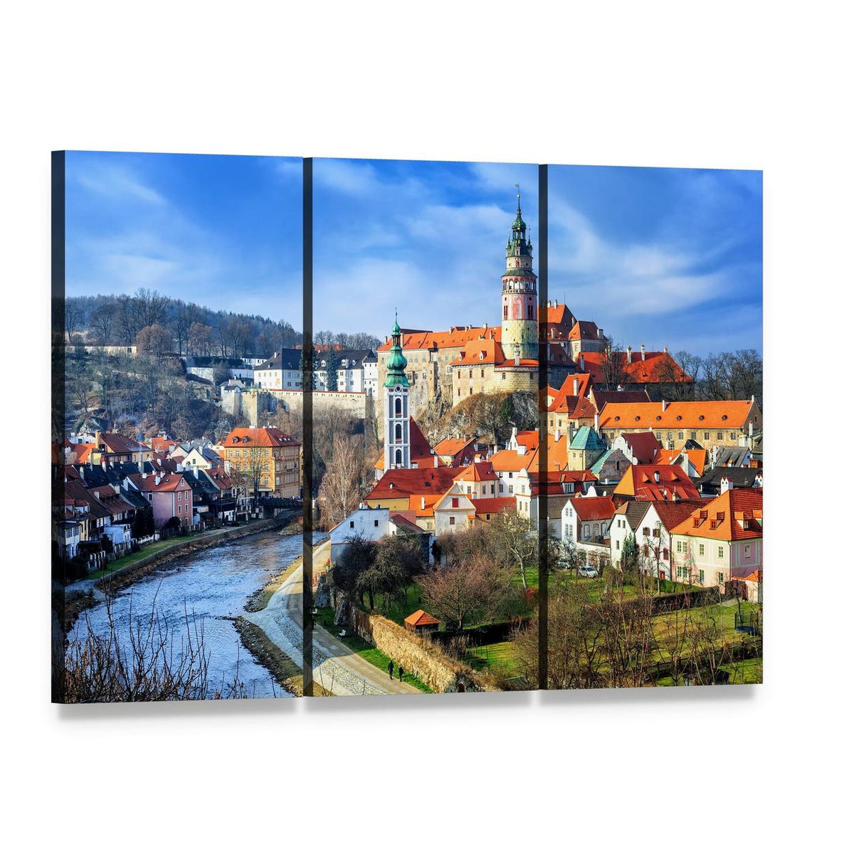 Cesky Krumlov Castle and River Canvas Wall Art, 3 panel 3 Horizontal layout gallery wrapped canvas set, angled product view