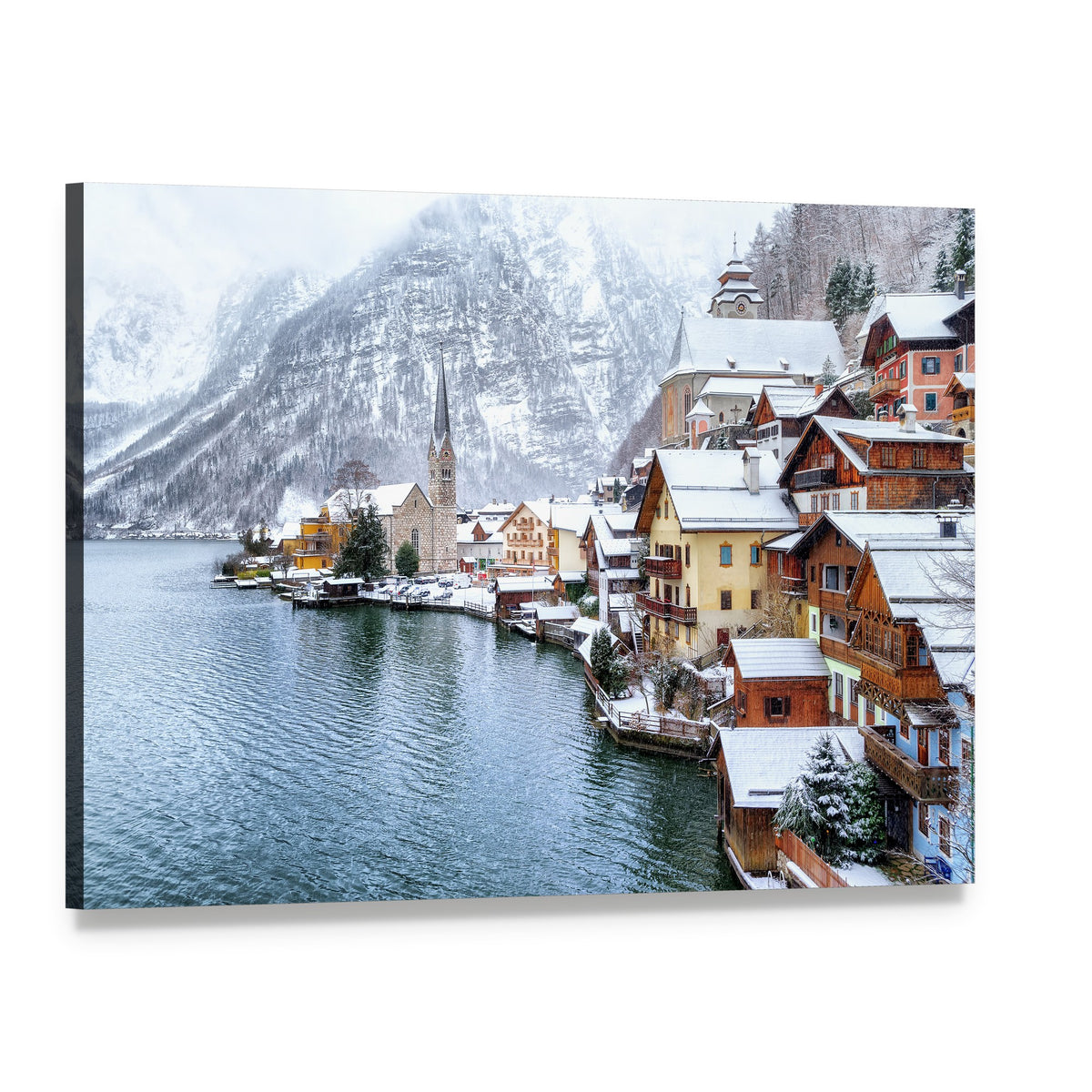 Hallstatt Winter Village by the Lake Canvas Wall Art, single panel gallery wrapped canvas, angled product view