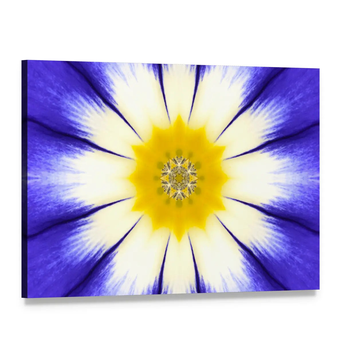 Kaleidoscope Blue Mandala Flower Canvas Wall Art, single panel gallery wrapped canvas, angled product view